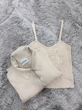 Olive + Oak Ribbed Knit Cardigan & Tank Set | Beige Neutral | Size M